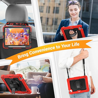 SEYMAC for iPad Air 5th/4th Generation Case 10.9 Inch, Full-Body Heavy Duty Protective Case with Rotating Stand, Screen Protector and Hand/Shoulder Strap for Air 5/ Air 4, Red