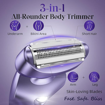 rategist Cordless Electric Razors for Women: Rechargeable Painless Bikini Trimmer for Body Hair - IPX7 Waterproof Shaver with LED Display for Face/Underarm/Leg Deep Purple