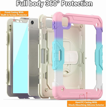 SEYMAC for iPad Air 5th/ 4th Generation Case 10.9", Full-Body Shockproof Protective Case with Screen Protector, Rotating Stand/Handle/Shoulder Strap/Pencil Holder for iPad Air 5/ Air 4, Colorful/Pink