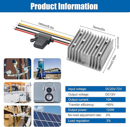 Yancincny 10A 120W 12V Golf Cart 24V 36V 48V 72V to 12V DC Converter Voltage Regulator Reducer Transformer with Fuse - Waterproof DC Step Down Converter 24V to 12-V(Input Range: 20-72V)