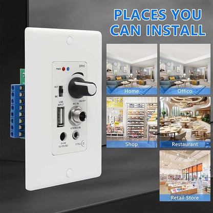 PNWCZ Wall Amplifier Compatible with Bluetooth 4 Channels Volume Control Wall Plate with USB/MIC/AUX(3.5mm) Inputs Terminal Block Connect 4 Speakers