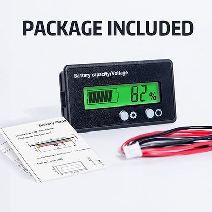 12V 24V 36V 48V Battery Capacity Indicator Golf Cart Voltage Meter with LCD Display Green Backlight, Waterproof Monitor Gauge Digital Voltmeter Testers for 3S-26S Lithium Battery&Lead-Acid Batteries