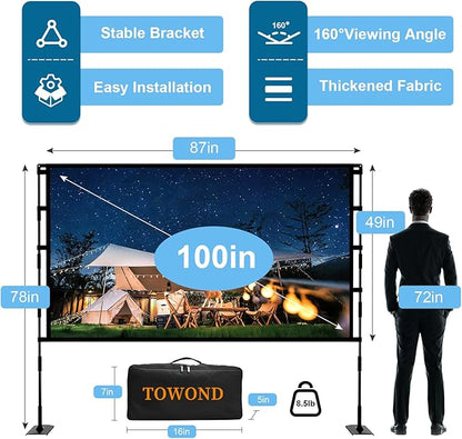 TOWOND Projector Screen and Stand, 100 inch Outdoor Projector Screen Indoor, Portable Movie Screen 16:9 4K Front Rear Projection Screen with Carry Bag Wrinkle-Free Design for Home Backyard Theater