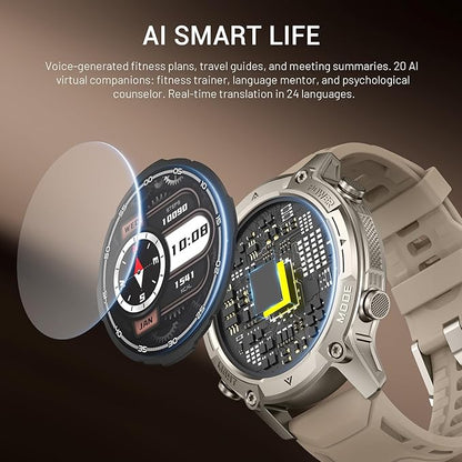 Smart Watch for Men, with GPS, Offline Maps, Heart Rate, Blood Oxygen, Stress, Sleep Monitor, 178 Sports Modes, 5ATM Waterproof Round Watch, 1.43-inch AMOLED Display, Compatible Android and iOS Khaki