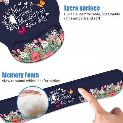 Keyboard Wrist Rest + Mouse Pad Wrist Support Set with Coasters, She Believed She Could So She Did Inspirational Quote Design Non-Slip PU Base Ergonomic Mousepad for Home Office Working Studying