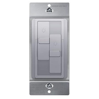 TOPGREENER Elite Series Kalide Dual Load Dimmer Light Switch, Double LED Dimmer Switch, Full Range Dimming, Single Pole, 120VAC, 60Hz, 200W LED/CFL, Neutral Wire Not Required, TGDDS-SV, Silver