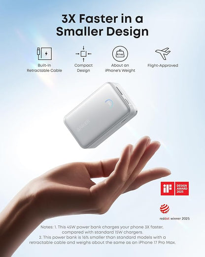 Anker Nano Portable Charger, 10,000mAh 45W Max Compact Power Bank, Travel Essential Phone Battery Pack with 2.3 ft InstaCord Retractable Cable for iPhone 17/16 Series, iPad, Galaxy, Pixel, and More