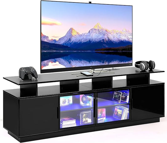 ansefe 70 Inch Black TV Stand with LED Lights, Power Strips, and USB Charging Station for Mobile Phones, Transparent Glass Door Storage Cabinet, Entertainment Center with Large Storage Space