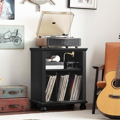 Joaxswe Record Player Stand with Vinyl Record Storage, 24" Wide Mid-Century Record Player Table Up to 200 Albums,Large Wood Turntable Stand Cabinet Dispaly Shelf for Living Room,Bedroom,Black