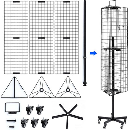 NectaCol Triangular Gridwall Panel Display Stand with Base and Pole, Black Grid Wall Panels with Wheels, Craft Gridwall Display Rack, Art Display Stand, Show Rack, Extra 12pcs Hooks