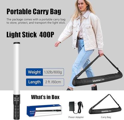 Mettlelite LS400P RGB Pixel LED Light Stick, Handheld Full Color RGBWW Continuous Output 2 ft with APP Control, 2800K-8000K, Customizable Pixel Light Effect, CRI97+ TLCI98+ Rechargeable Video Light