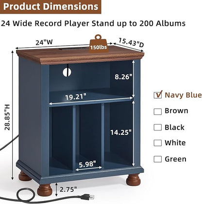 Joaxswe Record Player Stand with Charging Station Up to 200 Albums, 24" Wide Mid-Century Record Player Table with Vinyl Record Storage,Large Wood Turntable Stand Dispaly Cabinet for Living Room,Blue