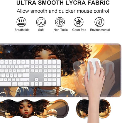 Ergonomic Keyboard Wrist Rest & Mouse Pad Wrist Rest Set, Large XXL Gaming Desk Mat 31.5"x 11.8" with Non-Slip Base, Memory Foam, Easy Typing Pain Relief for Home & Office - African American Girl
