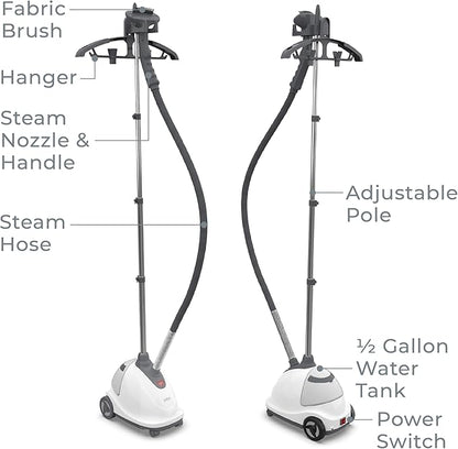 Pure Enrichment PureSteam XL Standing Fabric Steamer - Professional Wrinkle Remover Heats in 45 Seconds; 1/2-Gallon Tank for 1 Hour of Steaming; Easy-Roll Wheels, Garment Hanger, & Fabric Brush