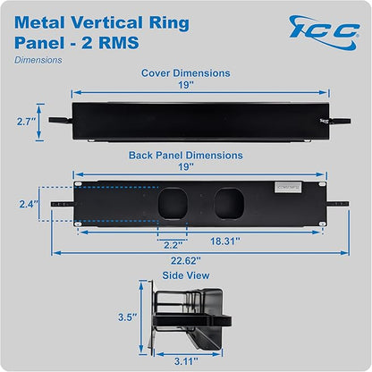 ICC 2U Ring Cable Manager Panel with Cover, Metal, 3" D-Rings, Horizontal and Vertical Cable Management, Rackmount for 19” Network Racks, Black, Single Pack