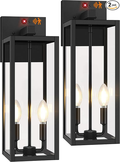 2-Pack Upgraded Motion Sensor Outdoor Wall Lights, 18” Large Dusk to Dawn Porch Lights Outdoor Wall Sconce Lantern, 3 Lighting Modes Exterior Lighting Fixtures, Black Outside Lights for House Garage