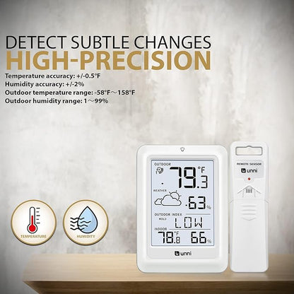 Indoor Outdoor Thermometer Wireless Weather Station, Temperature Humidity Monitor Battery Powered Inside Outside Thermometers with 330ft Range Remote Sensor and Backlight Display（WH01）