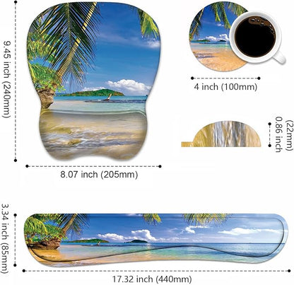 Ergonomic Mouse Pad Wrist Support and Keyboard Wrist Rest Set with Coasters, Non-Slip PU Base, Easy Typing & Pain Relief for Computer Laptop Home Office, Shore Palms Tropical Beach