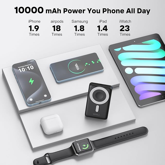 Wireless Portable Charger, 3-in-1 Magnetic Power Bank 10000mAh with USB-C and iOS Cable and Stand, 22.5W Fast Charging Battery Pack, Compatible with iPhone 16/15/14/13/12/Pro/Mini/Pro Max
