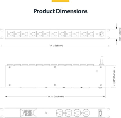 StarTech.com 16-Outlet Horizontal Rack Mount Metered PDU, 1U Server Power Strip w/Surge Protector, 8ft/2.4m Power Cable, TAA