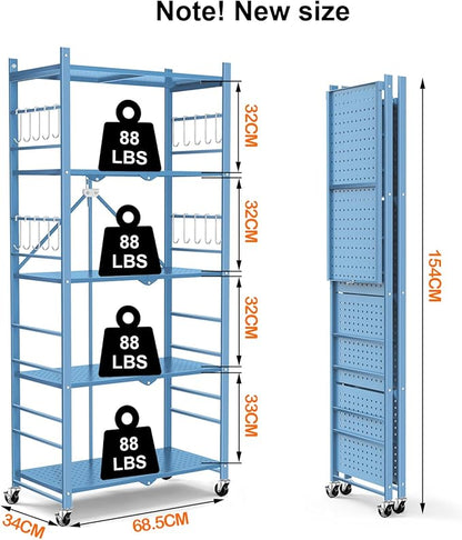 Storage Shelves with 20 Hooks, 5-Tier Foldable Shelf for Storage, Folding Shelf Unit Pantry Shelves with Wheels, Standing Shelving Unit for Kitchen Garage Home Office Room Greenhouse, Blue