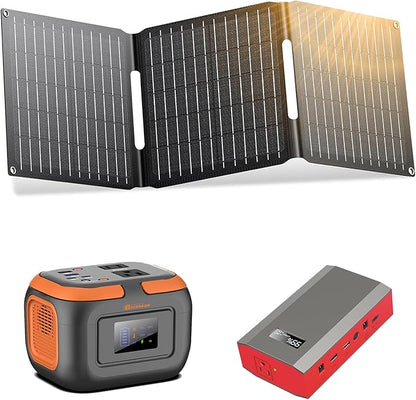Portable Power Station with Foldable Solar Panel Charger 30W, 120W Camping Power Bank with AC Outlet, 110V Battery Pack for Laptop Smart Devices RV Outdoor Travel Hiking Fishing Power Outage Backup