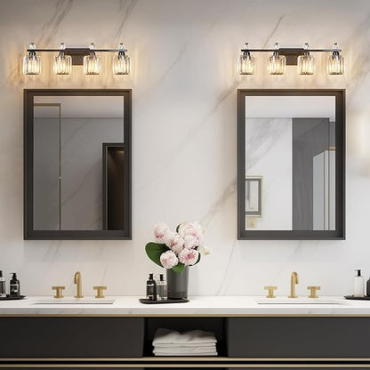 FDPBY Bathroom Vanity Lights 4-Light Plating Black Modern Crystal Vanity Light Fixtures Over Mirror Crystal Bathroom Vanity Lighting Fixtures