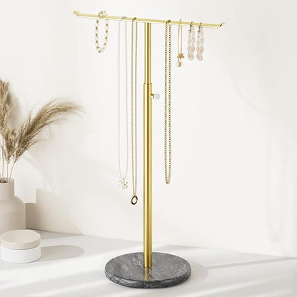 Josmimic Gold Necklace Holder Jewelry Organizer Stand – Adjustable Height T‑Bar Jewelry Display with Dark Gray Marble Base, Necklace & Bracelet Holder, Countertop Jewelry Stand