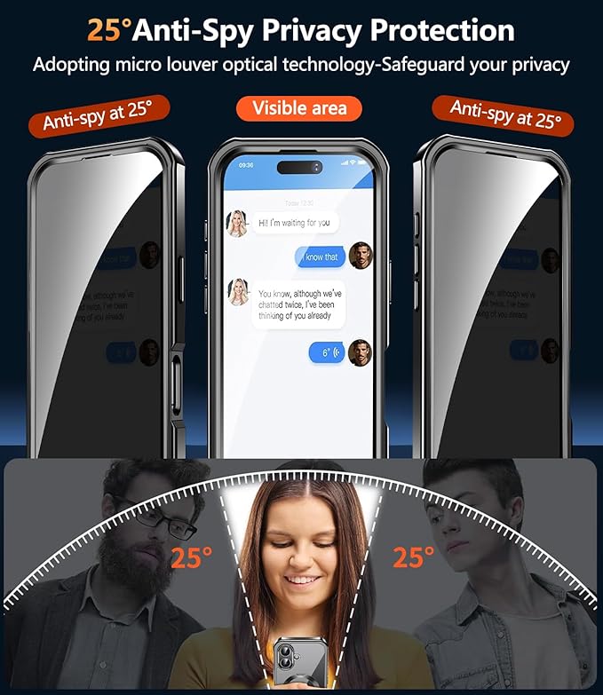 [360° Rotatable CD Stand & Built-in Privacy Screen Magnetic Case for iPhone 16 [Compatible with MagSafe & Full Signal] Mil-Grade Shockproof Full Body Anti-Spy Cover for 16-Black