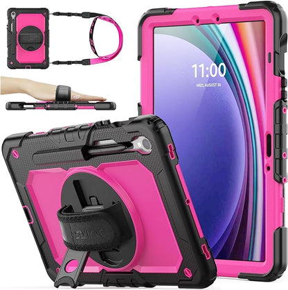 SEYMAC stock Case for Samsung Galaxy Tab S10 FE / S9 / S9 FE 5G Tablet Case Protective with Screen Protector, Pencil Holder, 360 Rotate Stand, Hand Strap, Shoulder Strap, Pink1