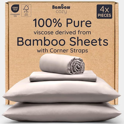 Bambaw 100% Viscose Derived from Bamboo Sheets Full Size Set – 4pcs Cooling Sheets Full Size, Perfect for Hot Sleepers, Luxury & Buttery Soft Sheet Set, with Elastic Corner Straps (Sand)