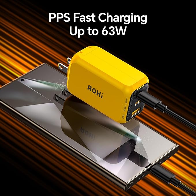 AOHI Youth 65W GaN+ USB C Charger Block, 3-Port PPS Type C Compact Foldable Laptop Fast Wall Charger for MacBook Pro/Air, iPad Pro, iPhone 16/15 Pro Max, Galaxy S24, Pixel, Steam Deck and More, Yellow