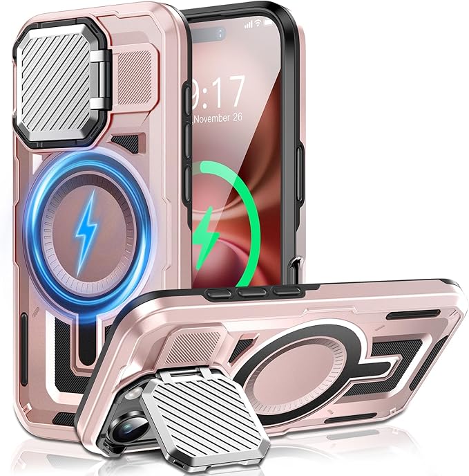 Camera Stand Case for iPhone 16, [Compatible with Mag Safe] [Lens Cover] 2024 Version Military Grade Protective Soft Case for iPhone 16 6.1 inch Men Women, Pink