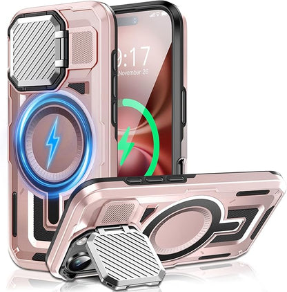 Camera Stand Case for iPhone 16, [Compatible with Mag Safe] [Lens Cover] 2024 Version Military Grade Protective Soft Case for iPhone 16 6.1 inch Men Women, Pink