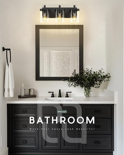 METWET Bathroom Light Fixtures Over Mirror, 3-Light Matte Black Vanity Light with Square Clear Glass Shade, Modern Wall Sconces, Vanity Lighting Fixtures, VL194-MB-3
