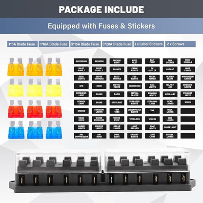 RED WOLF 12 Way Fuse Block Blade Box Holder Standard Circuit Fuses Holder Fit Car Trailer Truck SUV Boat Marine Auto RV Power Distribution Panel Damp-Proof Cover DC 10-32V
