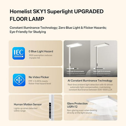 Homelist SKY1 Superlight 150W Full Spectrum Eye Protection Floor Lamp, 13000LM Ultra-Bright Standing Lamp with Motion Sensor, Auto Dimming, Touch & Remote Control, 4000K, for Homeoffice, Study Room