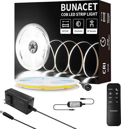 BUNACET COB LED Strip Light 20ft/6m Cool White 6500K High Lumen CRI 90+ with UL Listed Power Adapter RF Remote for Bedroom Counter Under Cabinet Kitchen Projects