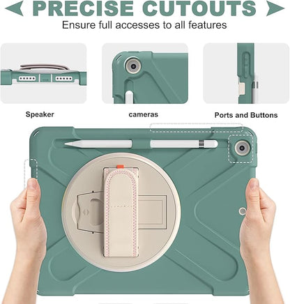 ZenRich Shockproof Case for iPad 9th/8th/7th Generation 10.2 inch 2021/2020/2019, Heavy Duty Rugged Case with Pencil Holder/360° Rotating Kickstand/Handle/Carrying Strap, EmeraldGreen
