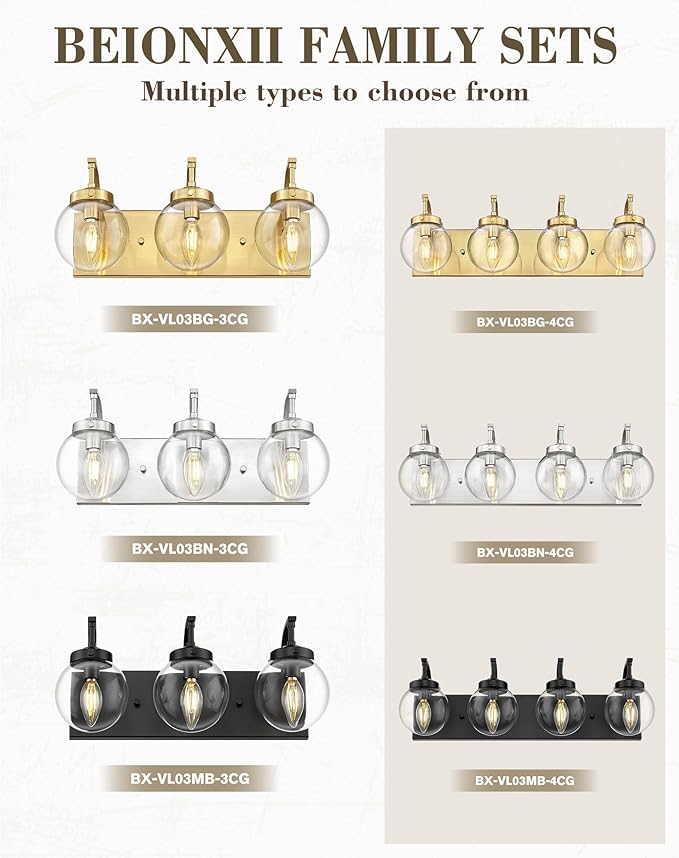 Beionxii Bathroom Vanity Light, 3-Light Brushed Gold Bathroom Light Fixtures, Modern Vanity Lights with Clear Glass Shade, Wall Sconces Lighting Over Mirror Living Room Hallway, BX-VL03BG-3CG