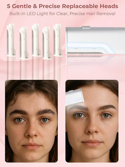 Dermaplane Facial Razor for Women – Electric 3-Speed Sonic Face Hair Removal Tool with LED Light, Peach Fuzz Remover & Exfoliating Dermaplaning Tool, USB-C Rechargeable with 5 Replacement Heads