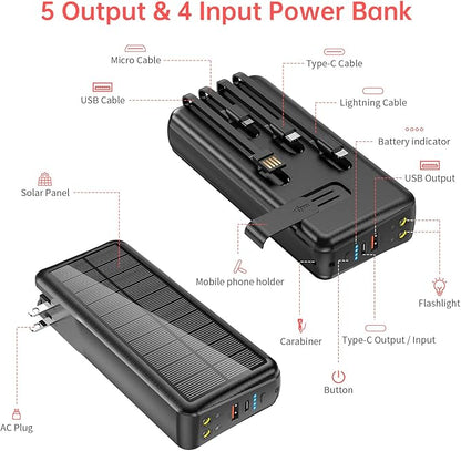 boogostore Portable Charger with Built in Cable and Wall Plug 50000mAh PD30W Fast Charging Solar Power Bank with 5 Output & 2 Input Dual LED Flashlights Phone Holder External Battery Pack (Black)