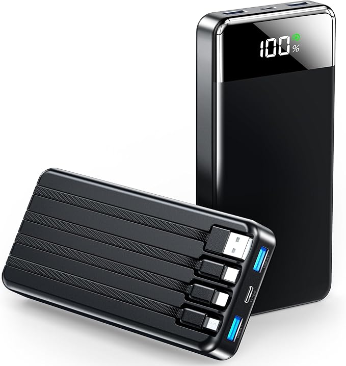 Portable Charger 35000mAh Power Bank - Powerbank with 4 Built in Cables, 22.5W Fast Charging Travel Camping Essential Battery Pack Compatible with iPhone 16 15 14 13 Samsung Google etc, 1 Pack