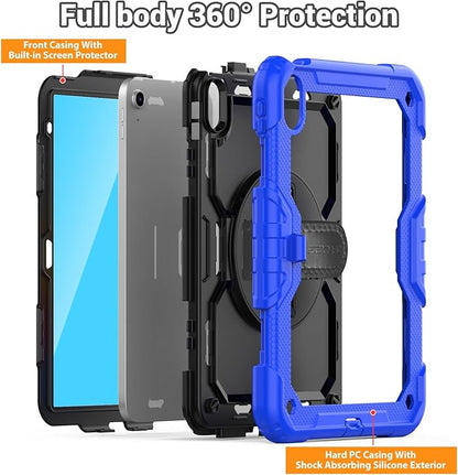 SEYMAC for iPad (A16) 11th/10th Generation Case 2025/2022 (11″/10.9″), Sturdy Heavy Duty Full-Body Shockproof Protective Case with Screen Protector, Rotating Stand, Hand/Shoulder Strap, Black/Blue