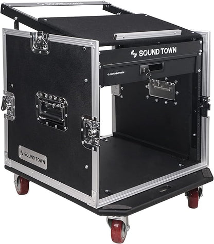 Sound Town High-Quality 1/2” (12mm) Plywood 10U PA DJ Pro Audio Rack/Road ATA Case with 11U Slant Mixer Top, Locking Drawer, 20’’ Rackable Depth and Casters (STMR-10D2)