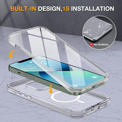 Miracase Glass Series Designed for iPhone 13 Case 6.1 inch, 2023 Upgrade Full-Body Magnetic Clear Case with Built-in 9H Tempered Glass Screen Protector,Compatible with MagSafe,Clear