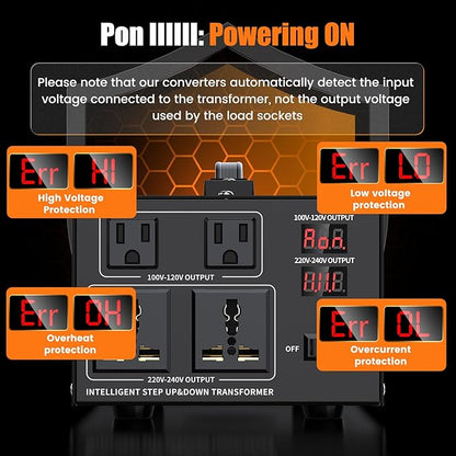 1000W Voltage Converter Transformer Step Up 110V/120V to220V/240V or Step Down 220V to 110V AC Power Converte, Circuit Breaker Protection, 2 US sockets, 2 Universal sockets, LCD Display