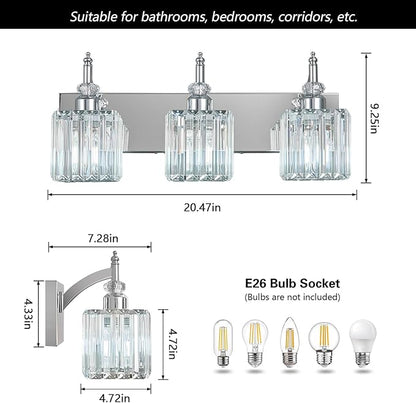 BBLLWJ Modern Bathroom Vanity Light 3-Light Chrome Crystal Light Fixtures Over Mirror for Bathroom Wall Sconce