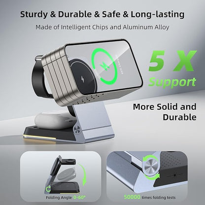 Aluminum 3 in 1 Wireless Charging Station,Foldable Wireless Charger for Apple Magsafe with Light,Portable Travel Magnetic Charger Stand for iPhone 16/15/14,Watch,Airpod, Include PD 20W Adapter & Case