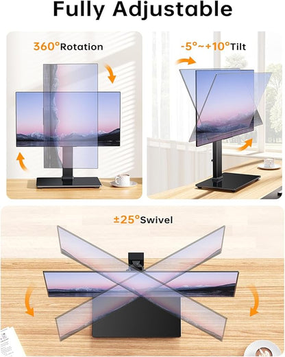 Single Monitor Stand, FreeStanding Desk Stand for 13-32 inch Screens, VESA Mount Monitor Riser with Swivel, Tilt, Rotation, 4 Height Options, Tempered Glass Base, Max Load 77lbs VESA 75x75mm-100x100mm